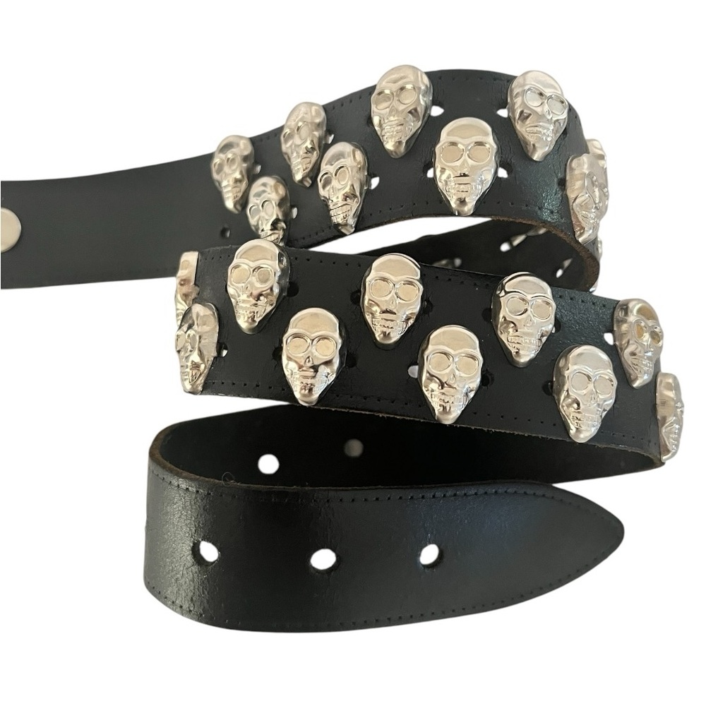 Skull belt black leather silver double row England size Med 32 waist 37” length